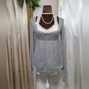 ♡ Y2K ♡ Abercrombie Grey Rabbit Hair Cableknit Square Neck Babydoll Sweater